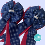 * Show Bows: Navy Swiss Dot on Red