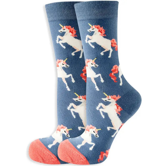 Crew Socks: Unicorns Blue/Coral