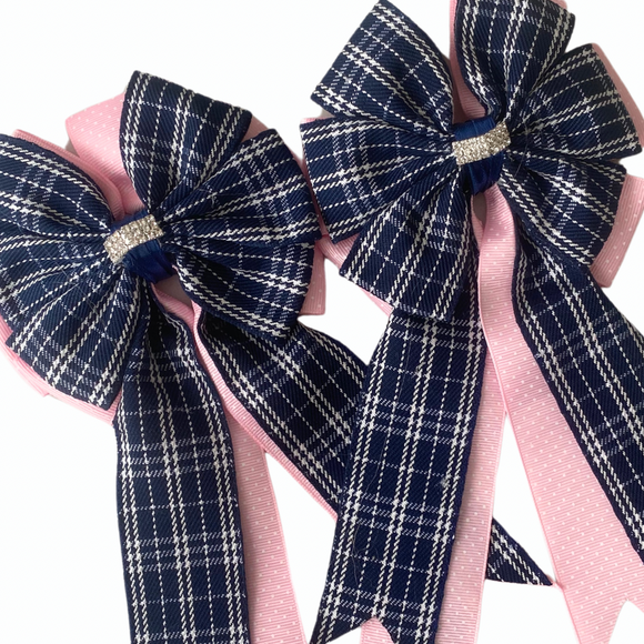 * Show Bows: Navy Plaid on Pink Swiss Dot