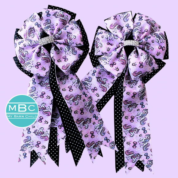 * Show Bows: Unicorns Lavender on Black Swiss Dot