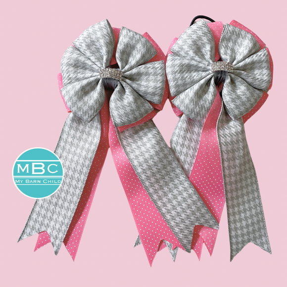 💐 Show Bows: Gray Houndstooth on Bubblegum Swiss Dot