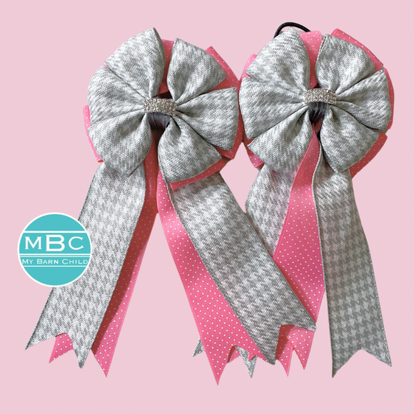 * Show Bows: Gray Houndstooth on Bubblegum Swiss Dot