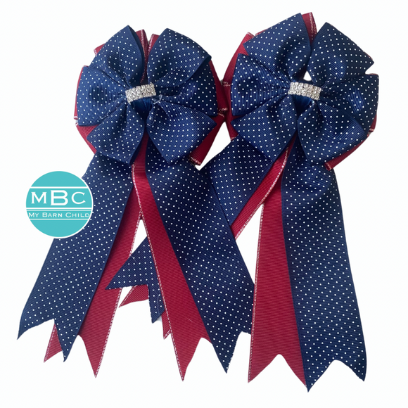 * Show Bows: Navy Swiss Dot on Red