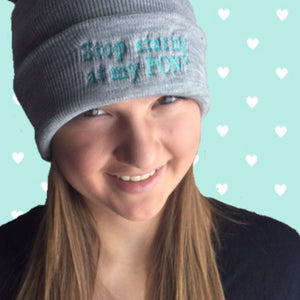 💙 Winter Beanie: Stop staring at my PONY - Teal on gray