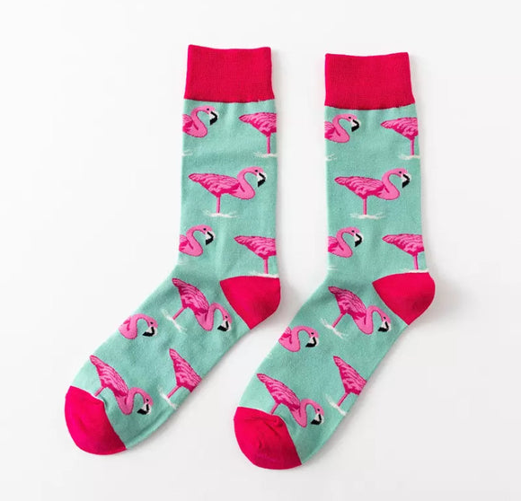 Crew Socks: Flamingos ~ Mint/Hot Pink