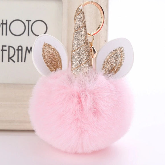 Keychain: Pom Pom Unicorn Head ~ Pink