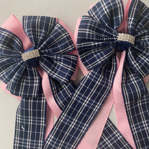🫶 Show Bows: Navy Plaid on Pink Swiss Dot