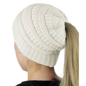 💙 Hat: Ponytail / Messy Bun Knit Winter Beanie ~ Cream 🌟