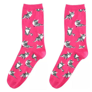 Crew Socks: Tabby Cat ~ Hot Pink