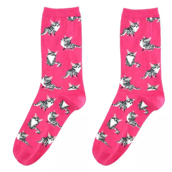 Crew Socks: Tabby Cat ~ Hot Pink