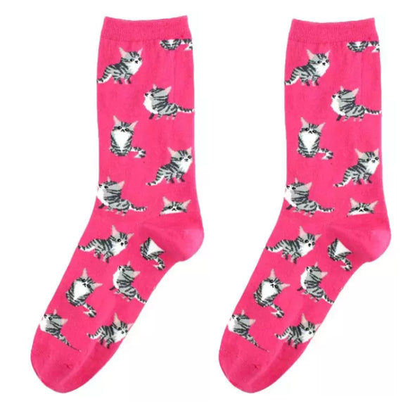💝 Crew Socks: Tabby Cat ~ Hot Pink