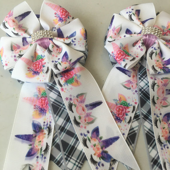 💙 Show Bows: Unicorns Black/White Plaid