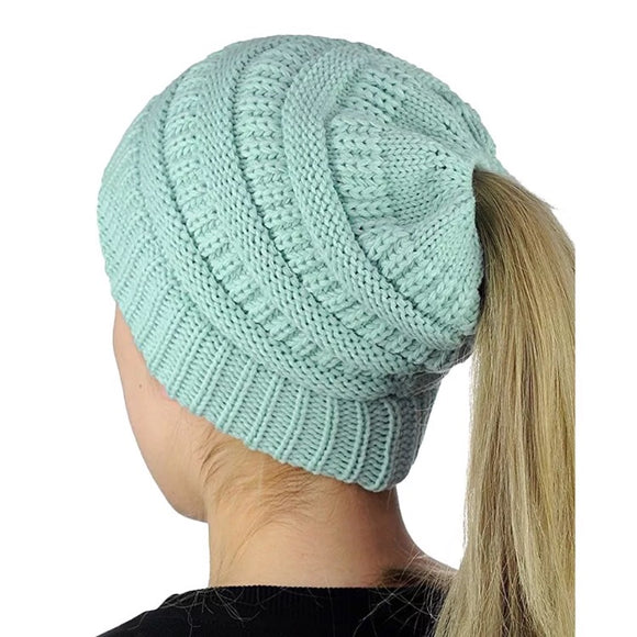 💙 Hat: Ponytail / Messy Bun Winter Beanie Knit Hat ~ Tiffany